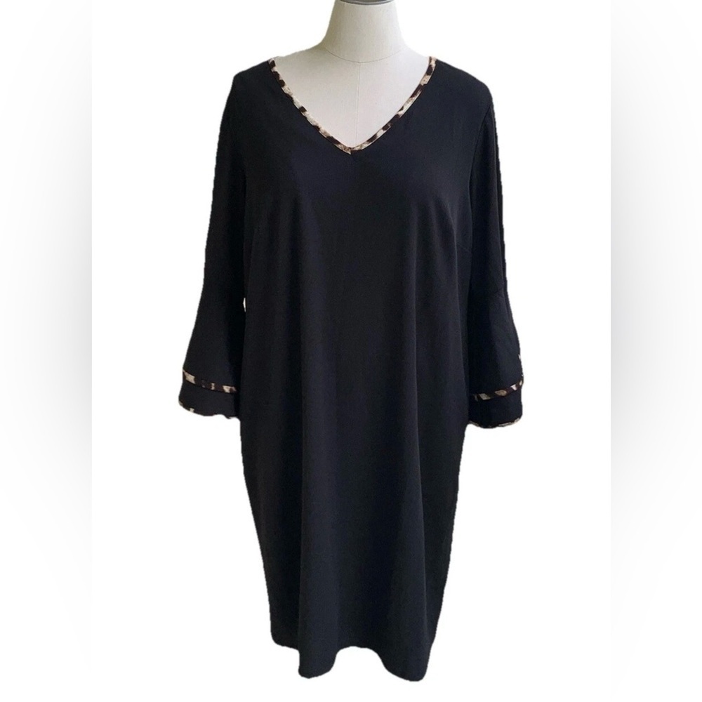 NWT Cato Dress Plus 24W Hello Sunshine Tiered Bell Sleeves Black Leopard Trim